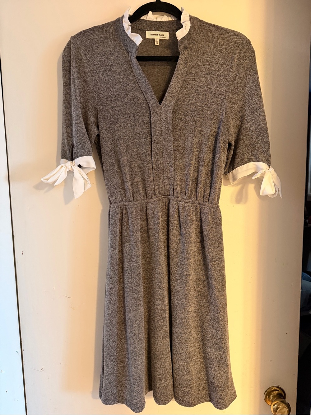 Monteau Gray Knit Midi Dress with White Tie Sleeves